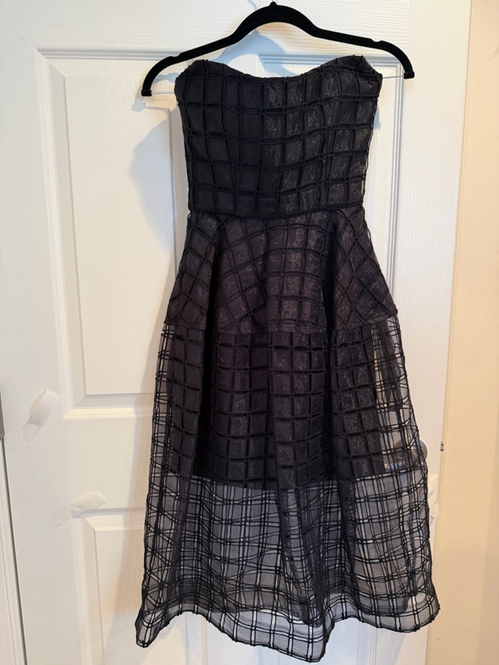 NICHOLAS Black Strapless Grid-Overlay Midi Dress
